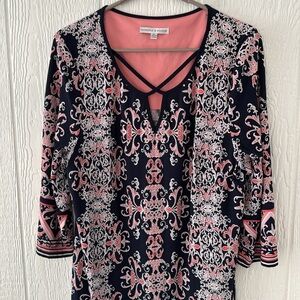 Sandra Darren 3/4 sleeve navy, coral, white shift dress XL